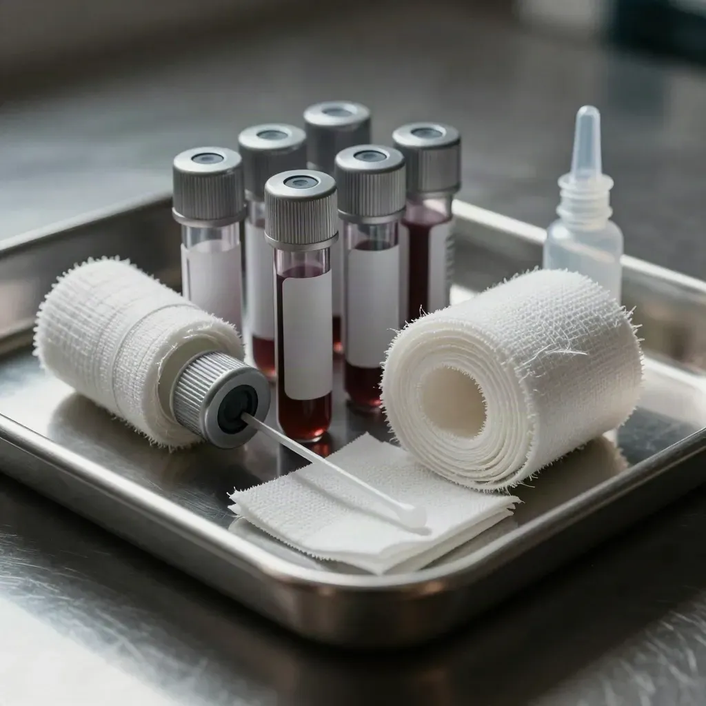Veterinary blood tubes, gauze, and swab vial on brushed steel tray