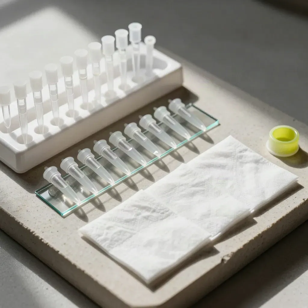 Top-down still life of allergy panel tubes, pipette tips, slide tray and blotting pads on pale stone.
