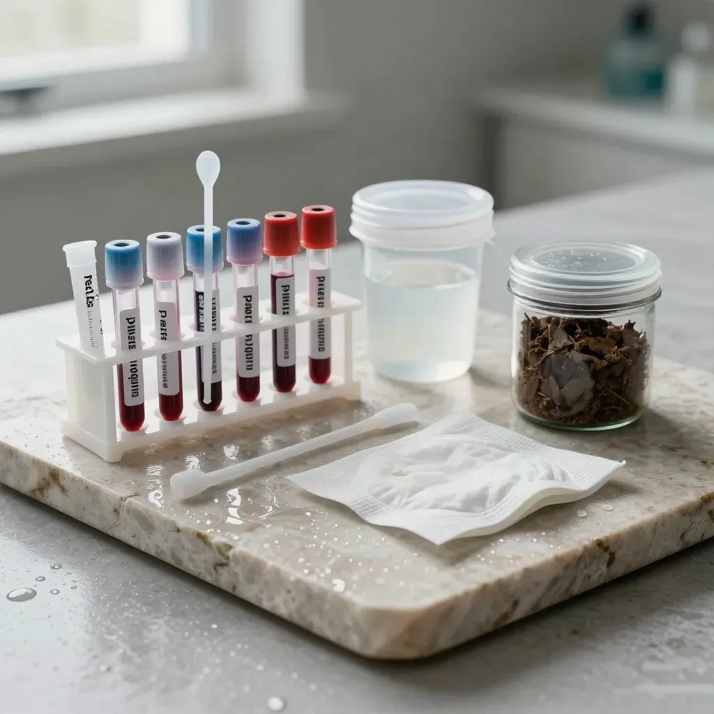 Pet testing kit with sample tubes and courier sleeve on pale stone in soft dawn light.
