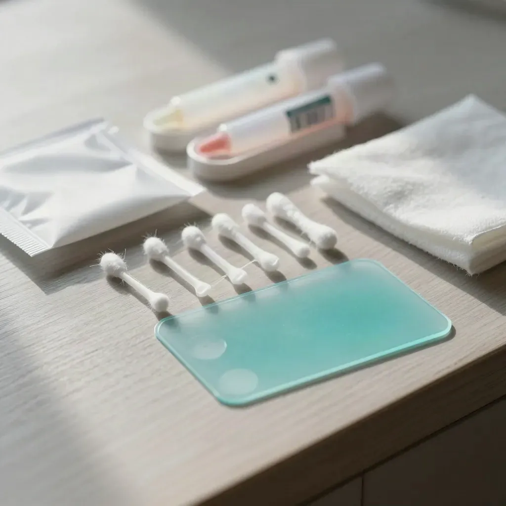 Macro flat lay of pet home testing kit components on pale wood with soft aqua accents.