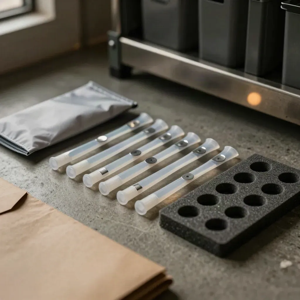 DNA pet testing kit components arranged on concrete in a premium dispatch scene