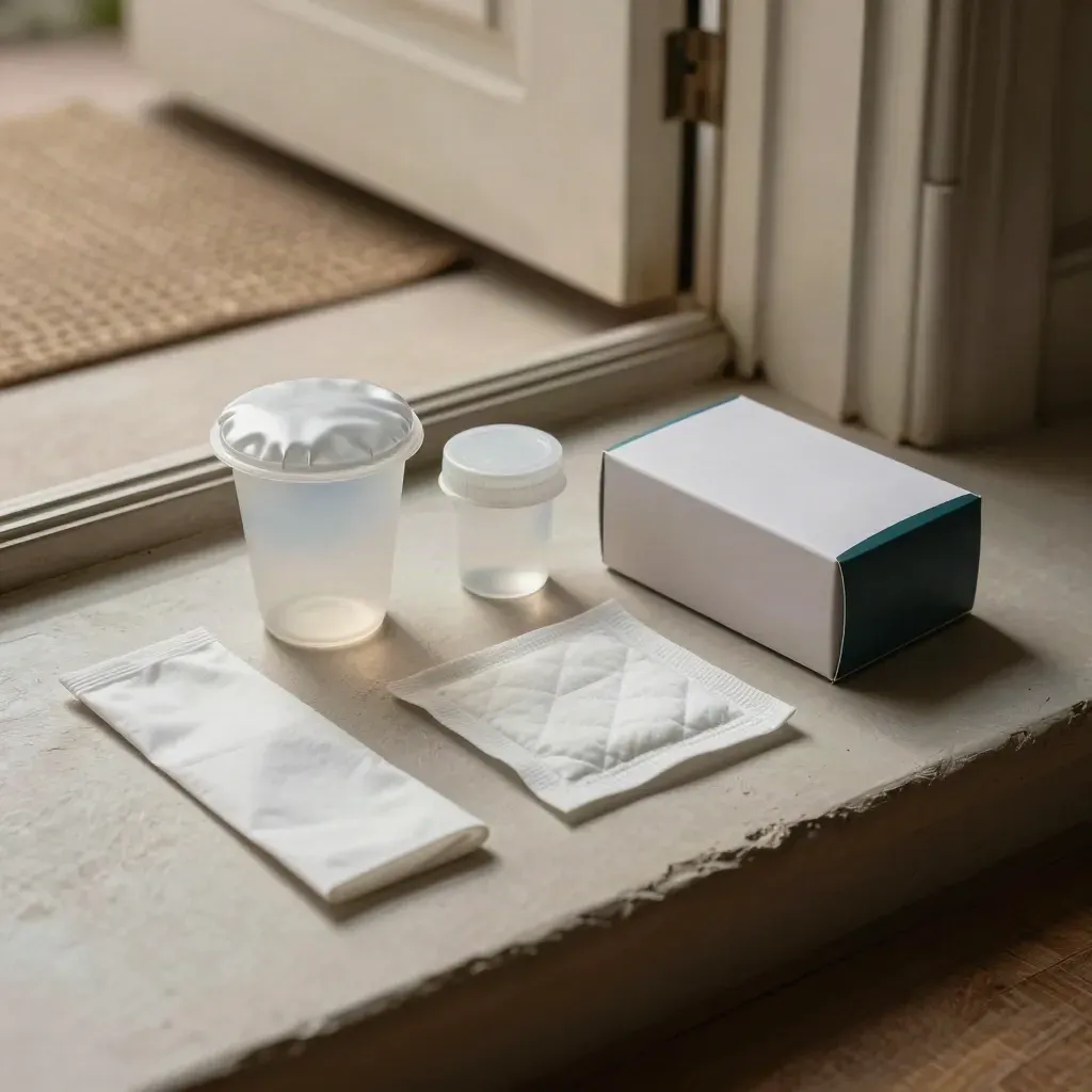 Owner home collection pet test kit by a doorway with cup, jar, pad, sleeve, and box.