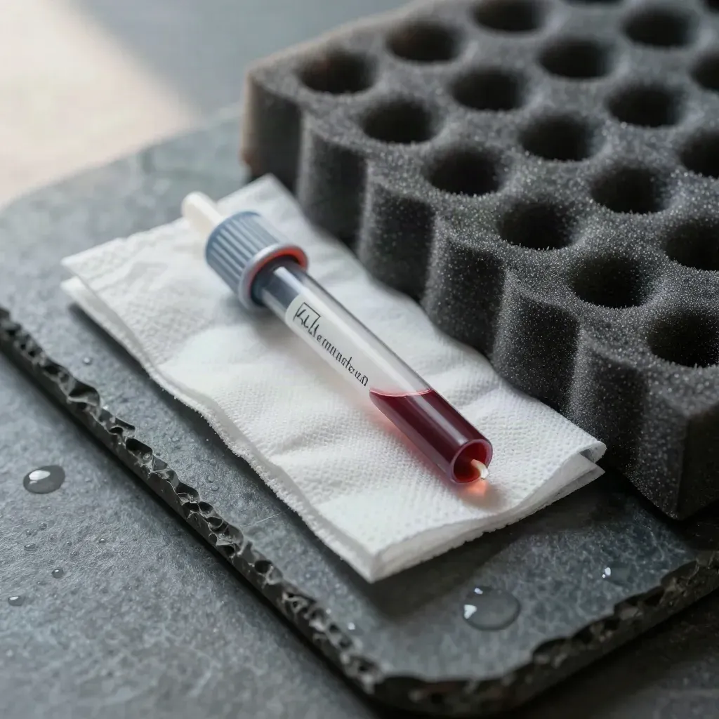Macro still life of a canine blood tube in a foam rack with swab and gauze on graphite stone.