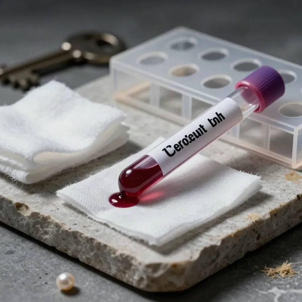 Feline blood test tube beside a sample rack, cotton pad, cap, and gauze on pale stone.