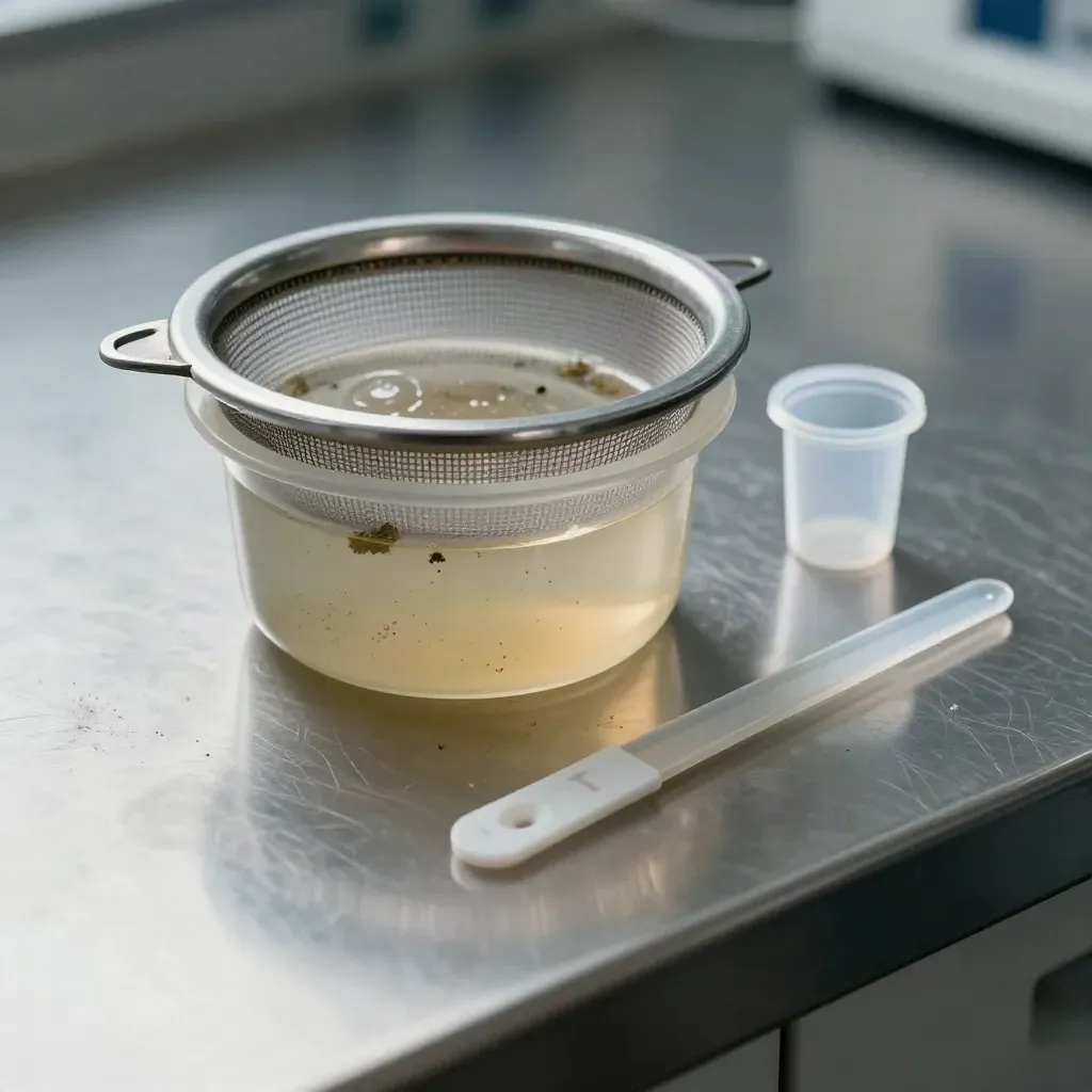 Fecal sample pot with sieve lid and test paddle on a brushed metal bench