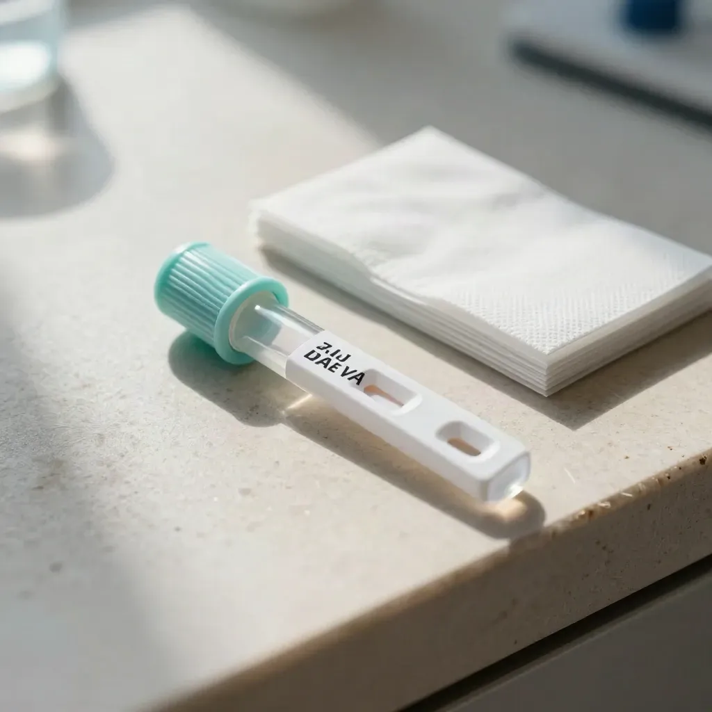 Top-down macro of a serum tube, blotting pad, and assay cards on pale stone