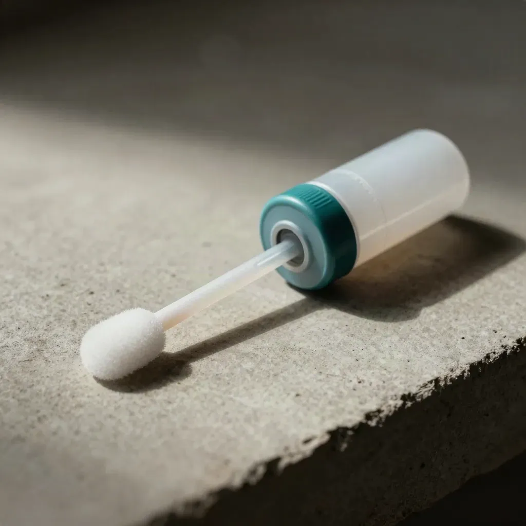 Cheek-swab tube and sealed DNA transport capsule on concrete, lit dramatically.