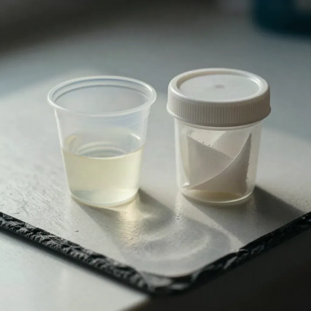 Urine specimen cup and fecal analysis jar on pale plaster in soft side light.