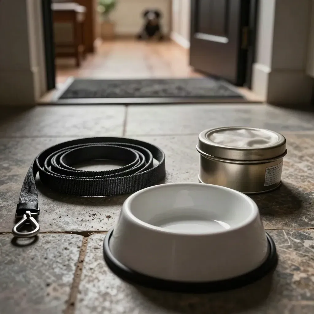 Dog lead, bowl, treat tin and sample pot by a front door mat in dramatic studio light.