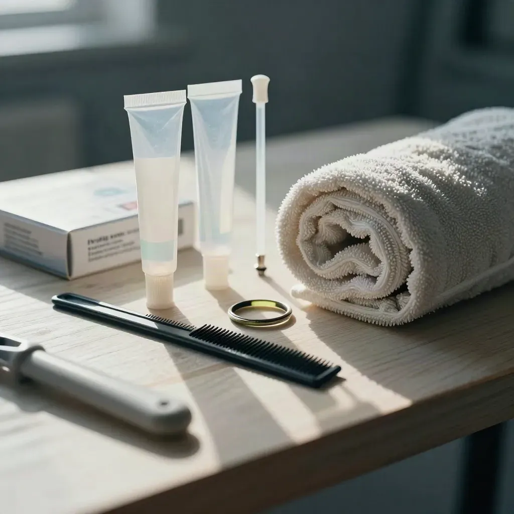 Breeder litter-check kit with swab tubes, towel roll, ID rings and comb on pale wood.