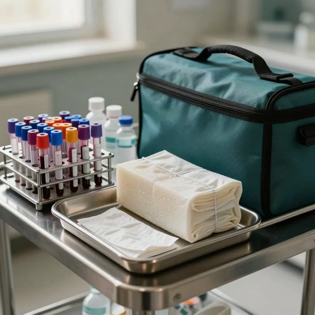 Vet clinic sample rack, transport pouch, sleeves, cold pack and tray on a trolley