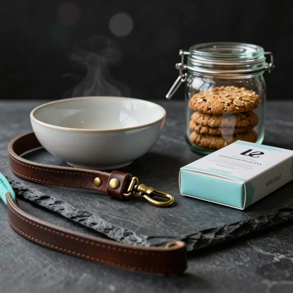 Dog lead, bowl, treat jar and test kit on stone, seen through a blurred collar.