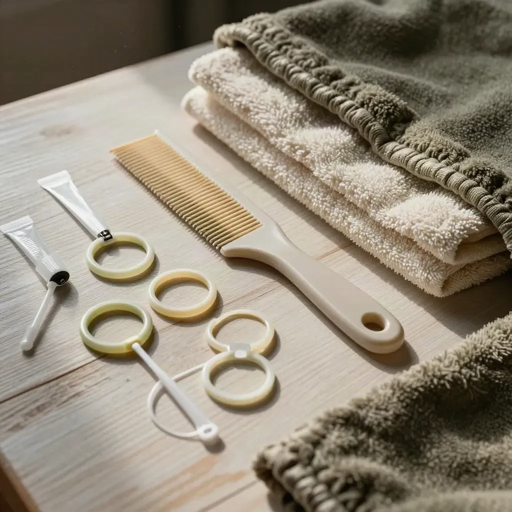 Top-down macro of whelping comb, towel, ID rings, swab tubes and blanket on pale wood.
