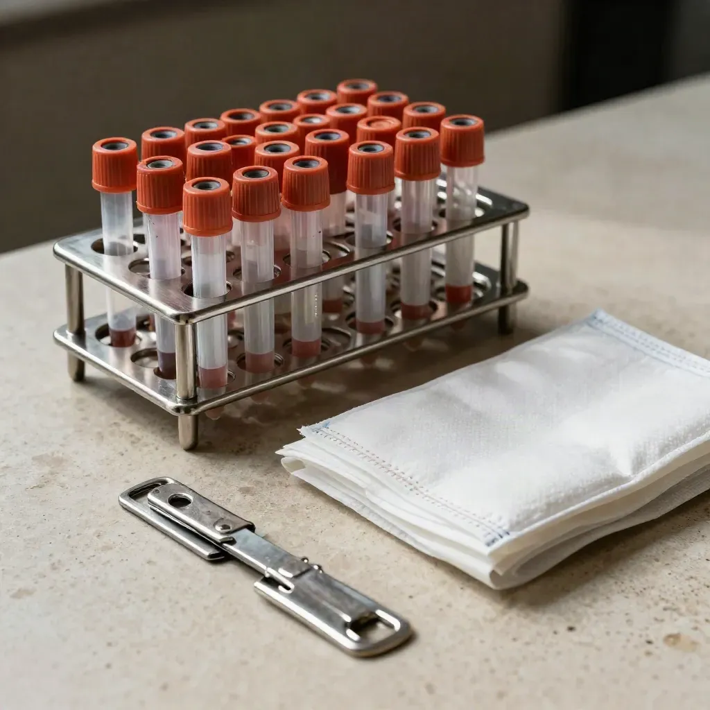 Stainless specimen rack, absorbent wrap, courier sleeve and capped tubes on pale stone.