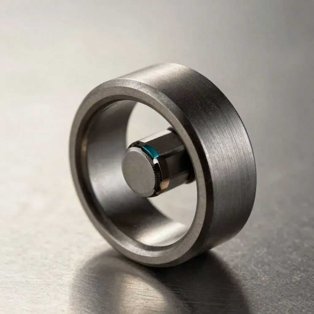Linked metal rings and a connector block on brushed steel, with a tiny deep-teal accent.