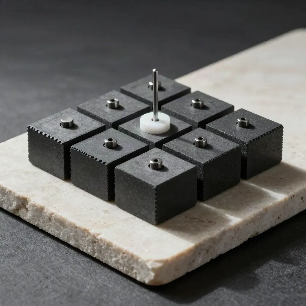 Top-down graphite blocks and a steel alignment pin on pale stone, lit dramatically.