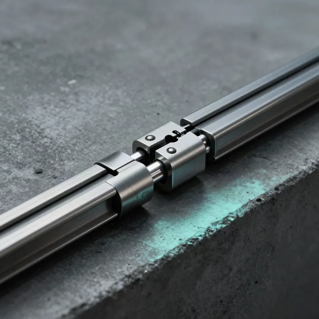 Graphite connectors and a tiny hinge bracket join on dark concrete with soft aqua highlights.