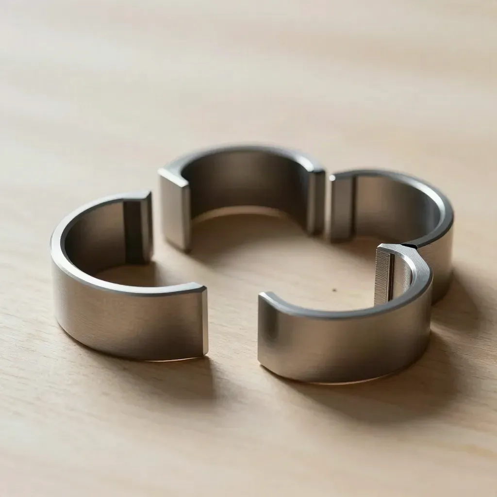Four aluminium couplers in a circle on pale wood, softly lit from above.