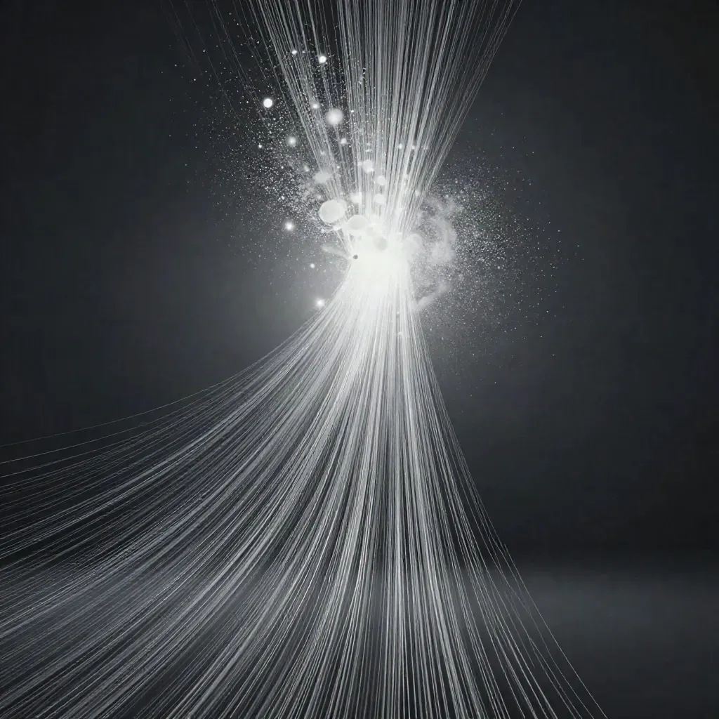 Abstract silver filaments converge into a soft white bloom in dark graphite haze.